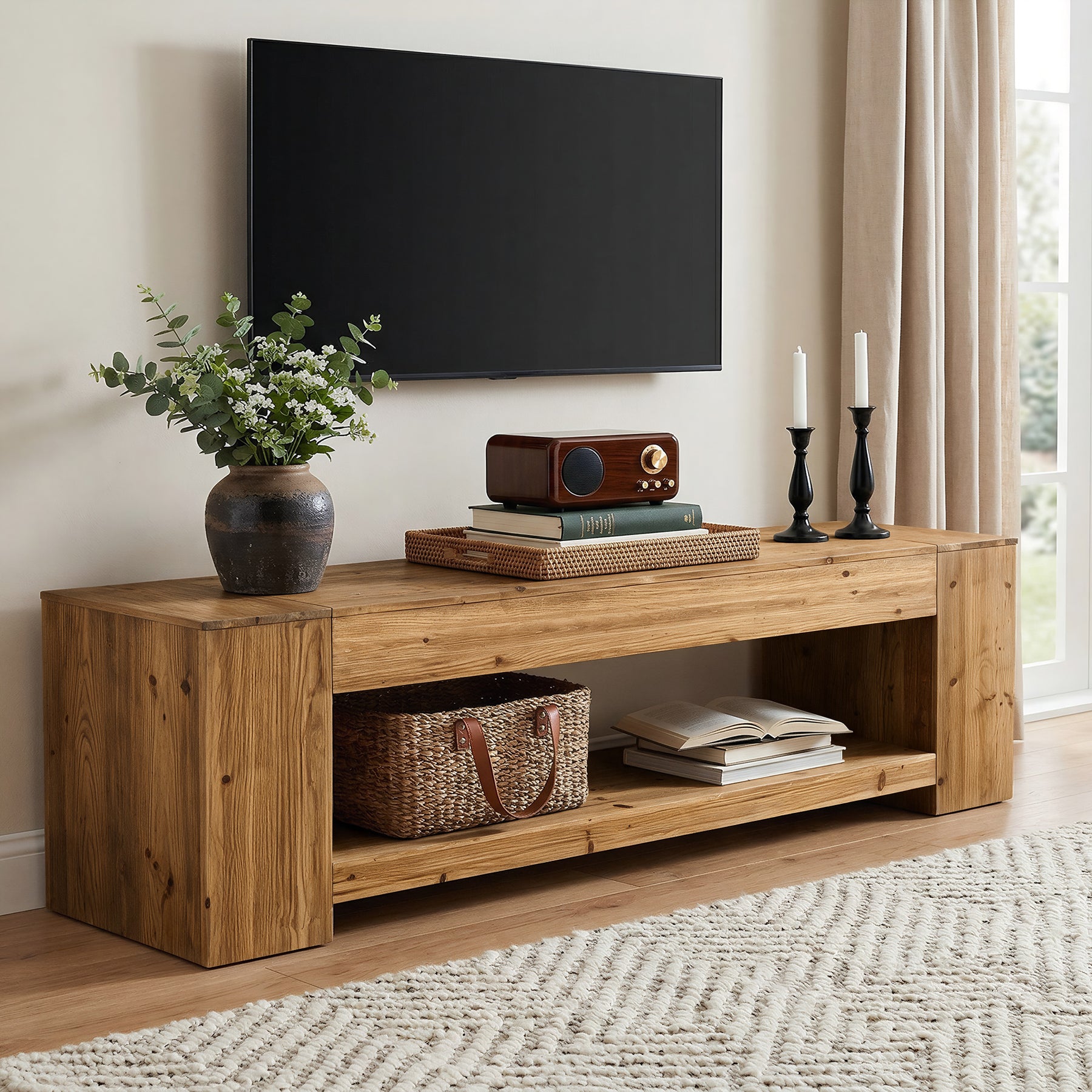 Tribesigns 63" Solid Wood TV Stand, Farmhouse Console for Living Room