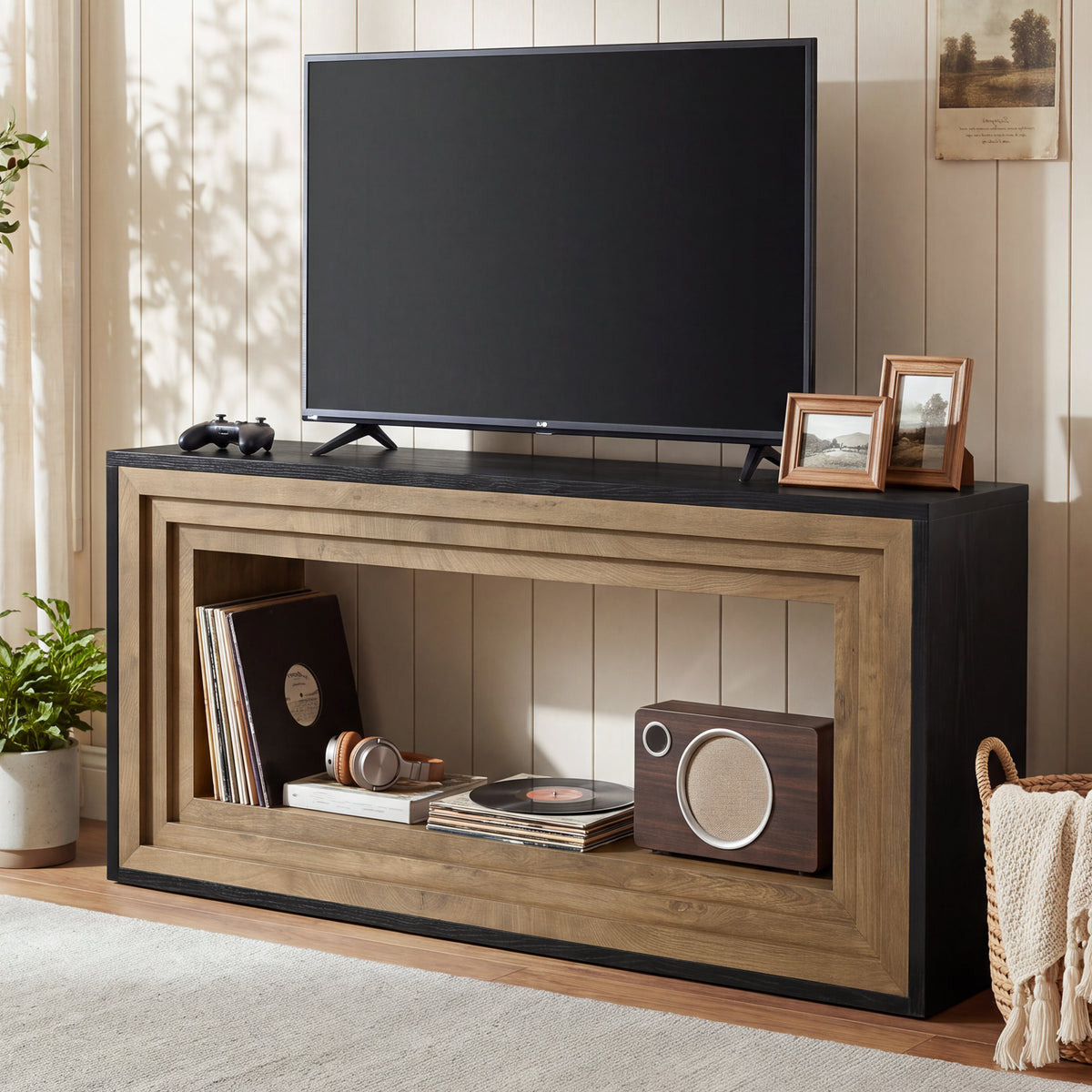 63" TV Stand for 65" TV, Entertainment Center with Open Bottom Shelf for Living Room