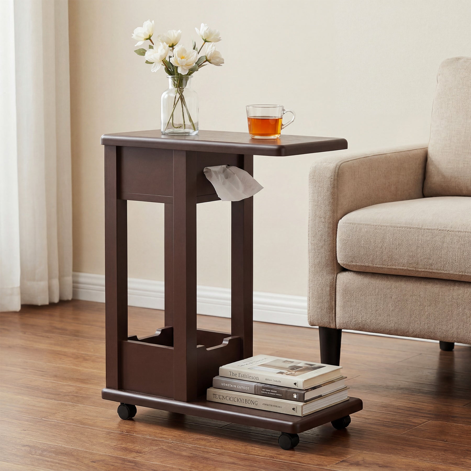 C-Shaped Side Table, 2-Tier Rolling Sofa End Table with Swivel & Lockable Casters