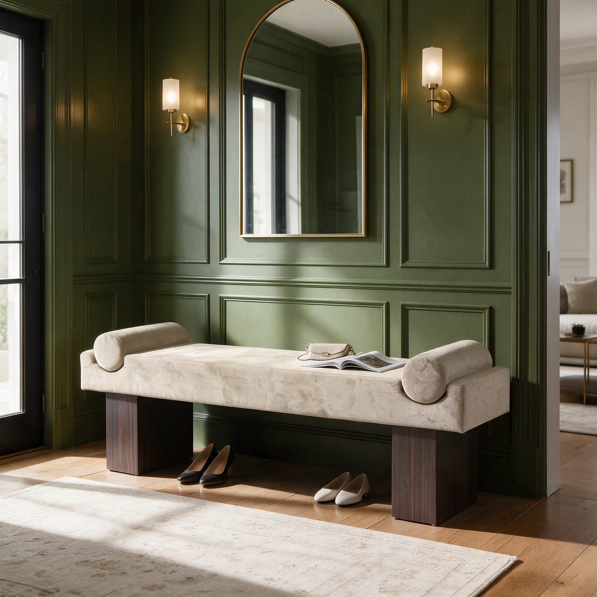 55.3" Upholstered Entryway Shoe Bench, Padded End of Bed Bench with Roll Arms