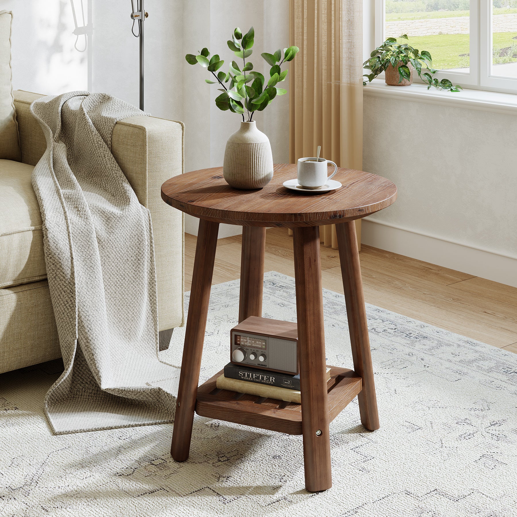 23.62" Round Solid Wood Side Table, 2-Tier Farmhouse Storage Shelf Walnut