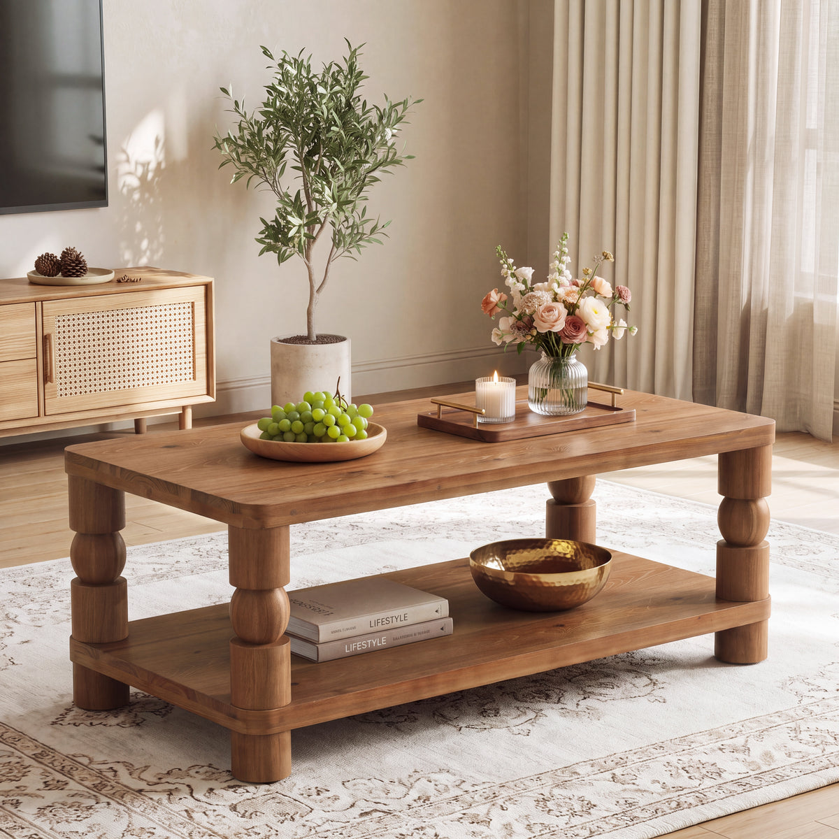47" Farmhouse Solid Wood Coffee Table, 2-Tier Storage, Living Room