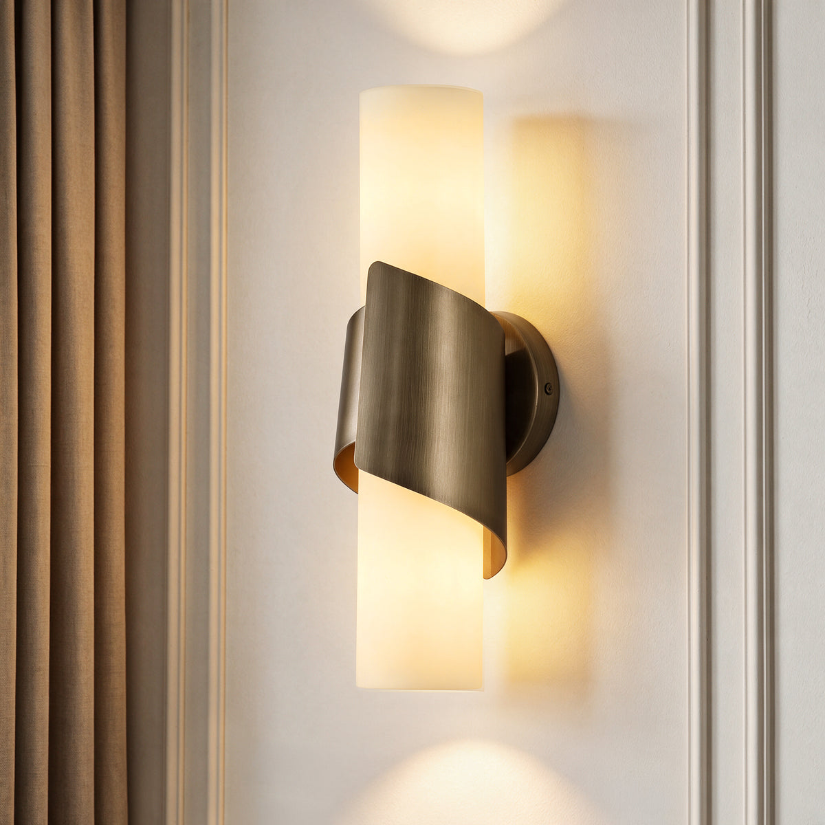 2‑Light Cylinder Wall Sconce, Brushed Antique Brass Wall Light with Frosted Glass Shade