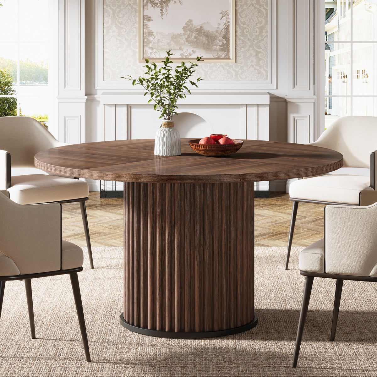 47" Round Dining Table, Wood Kitchen Table With Sturdy Fluted Metal Base