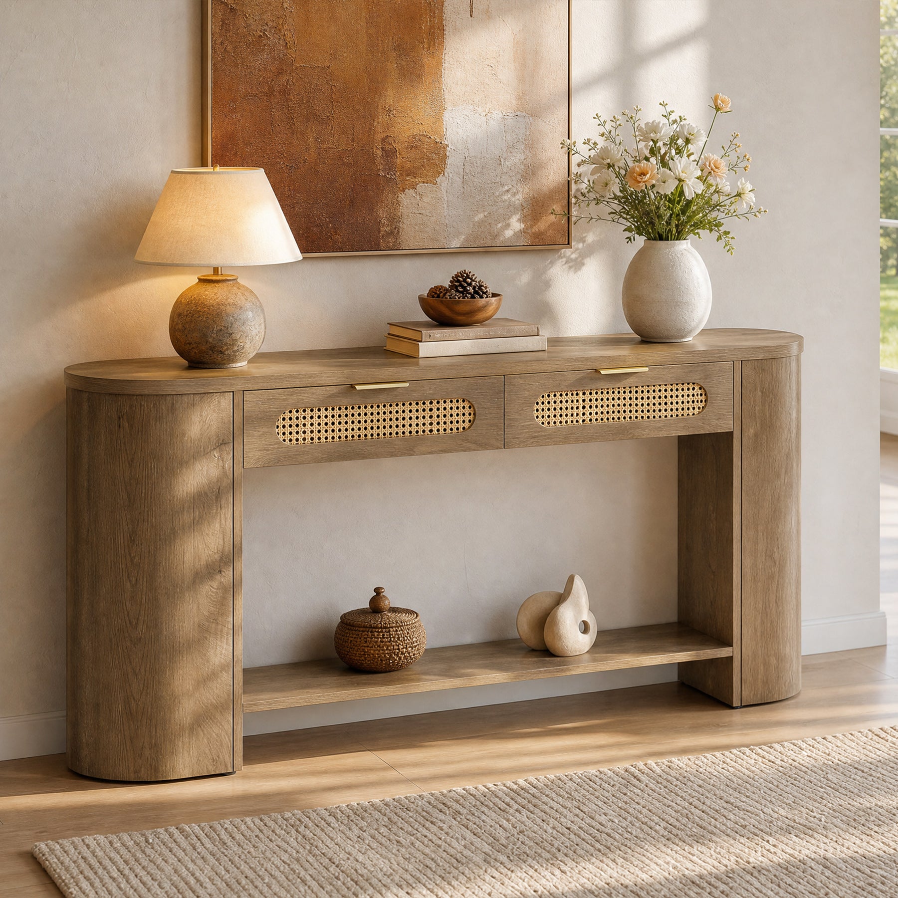 55" Console Table, Farmhouse Entryway Sofa Table With 2 Rattan Drawers & Shelf