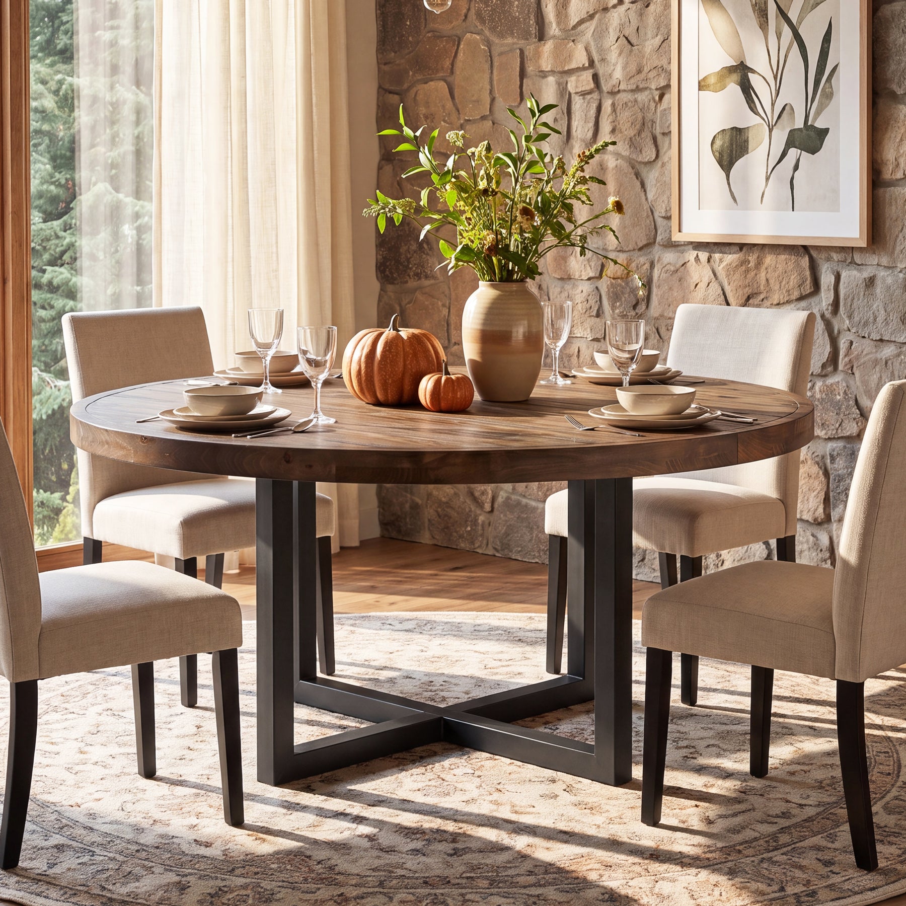 47" Round Dining Table, Solid Wood Kitchen Table with Metal Cross Base for 4-6