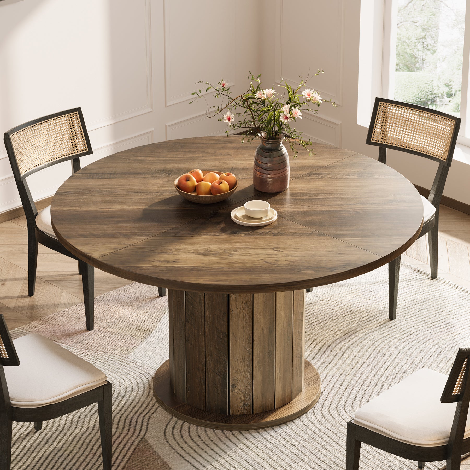 47" Round Dining Table with Pedestal Base, Farmhouse Kitchen Table for 4-6 People