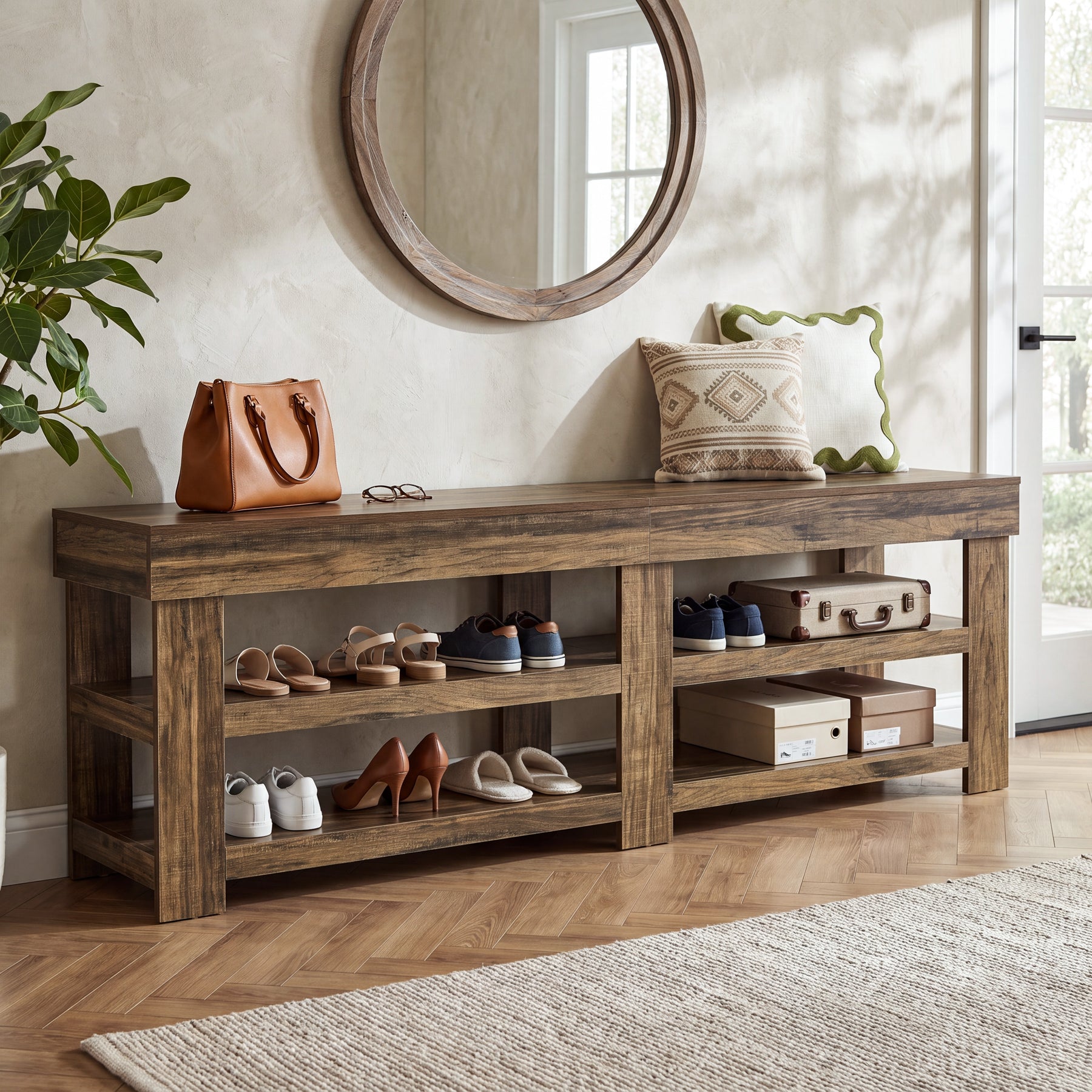 79" Extra Long Entryway Bench with Shoe Storage, Farmhouse Wood Shoe Bench