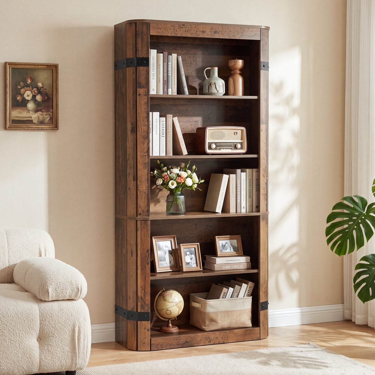 71" Tall Farmhouse Bookshelf, 5-Tier Home Office Bookcase with Storage