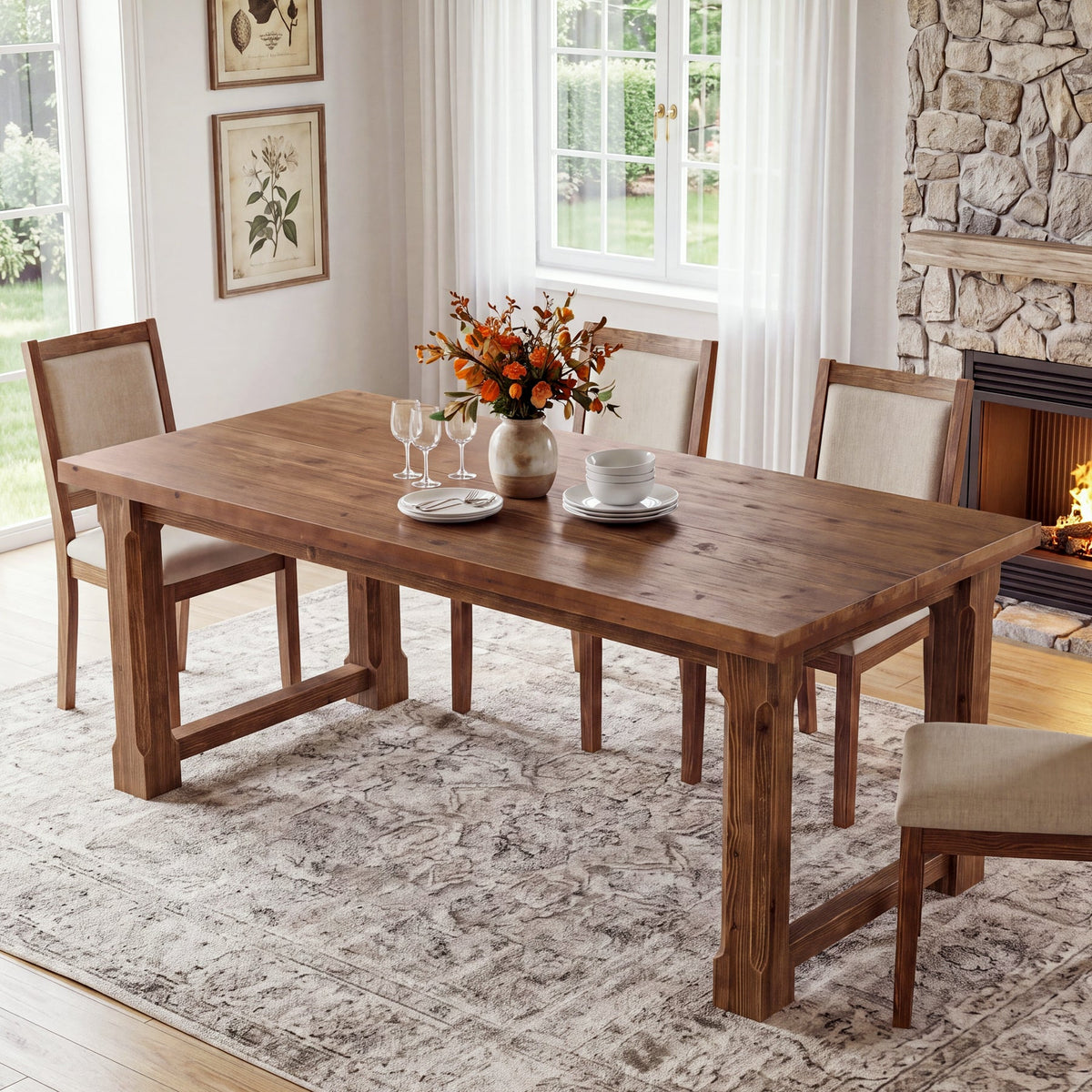 63" Farmhouse Solid Wood Dining Table for 4-6, Rectangular Kitchen Table