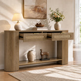 55" Console Table, Farmhouse Entryway Sofa Table With 2 Rattan Drawers & Shelf 3