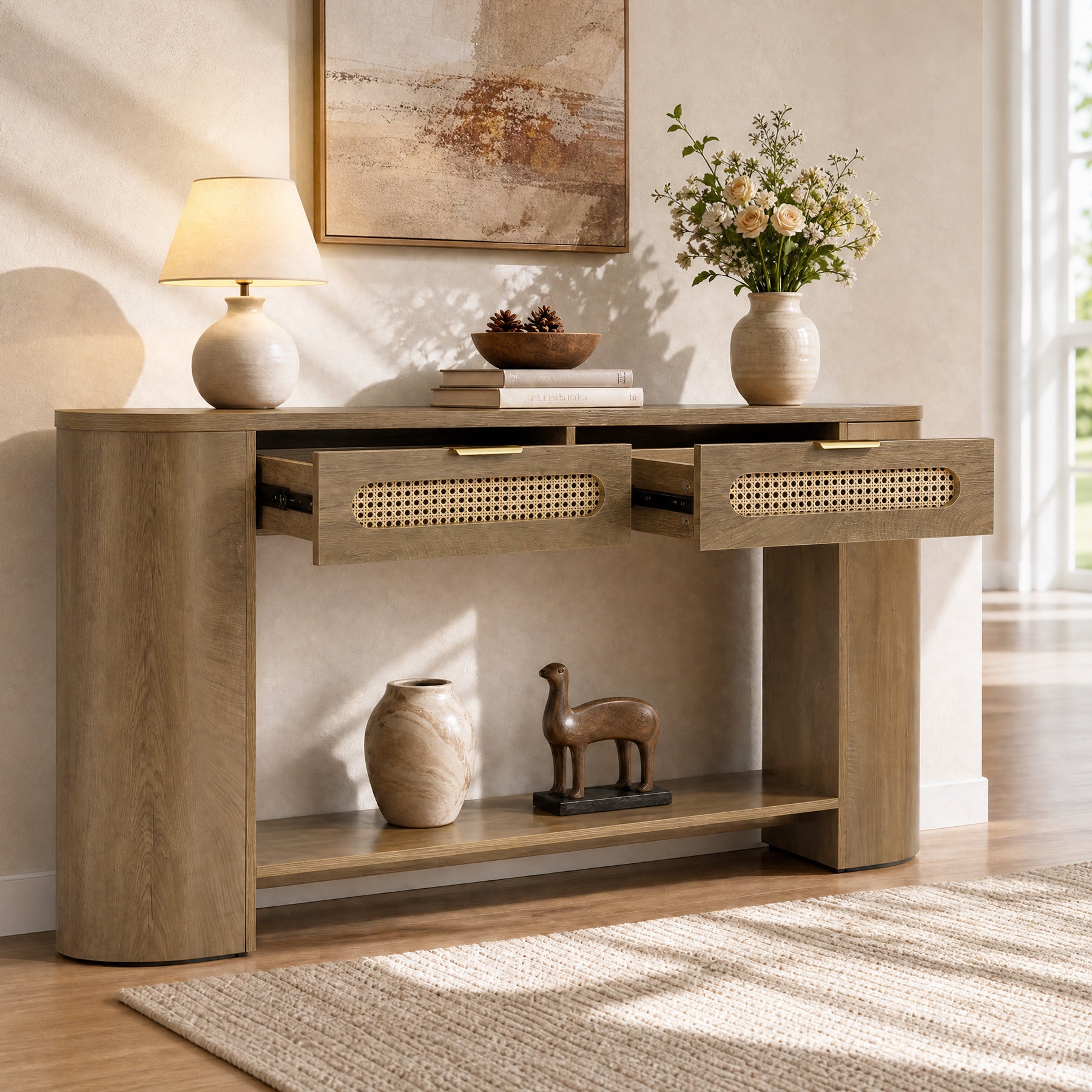 55" Console Table, Farmhouse Entryway Sofa Table With 2 Rattan Drawers & Shelf