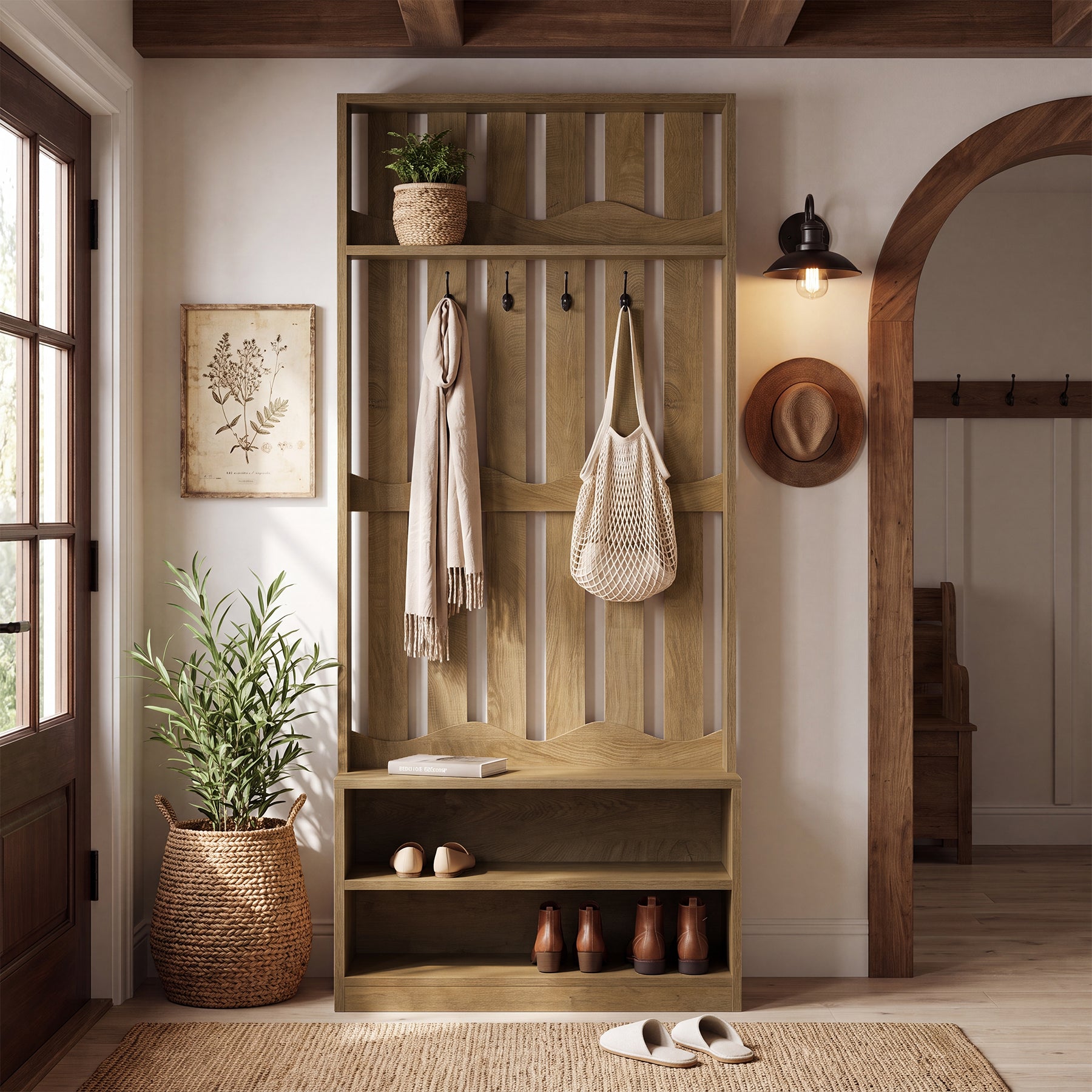 71.6" Tall Hall Tree, Farmhouse Entryway Storage with Bench & 4 Coat Hooks
