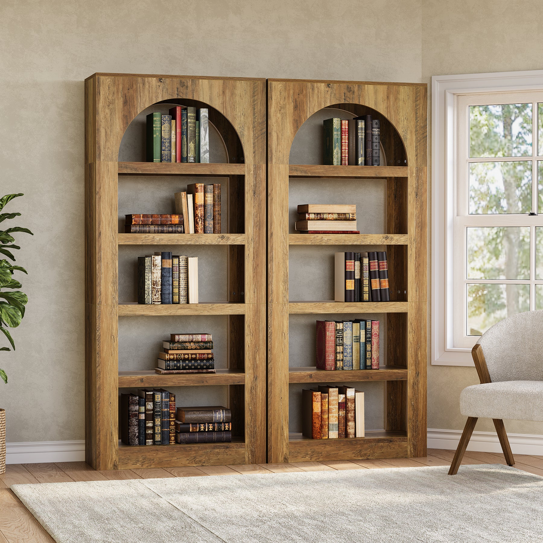 70.8" Arched 5-Tier Bookshelf, Modern Wooden Bookcase with Open Storage for Living Room, Bedroom & Office