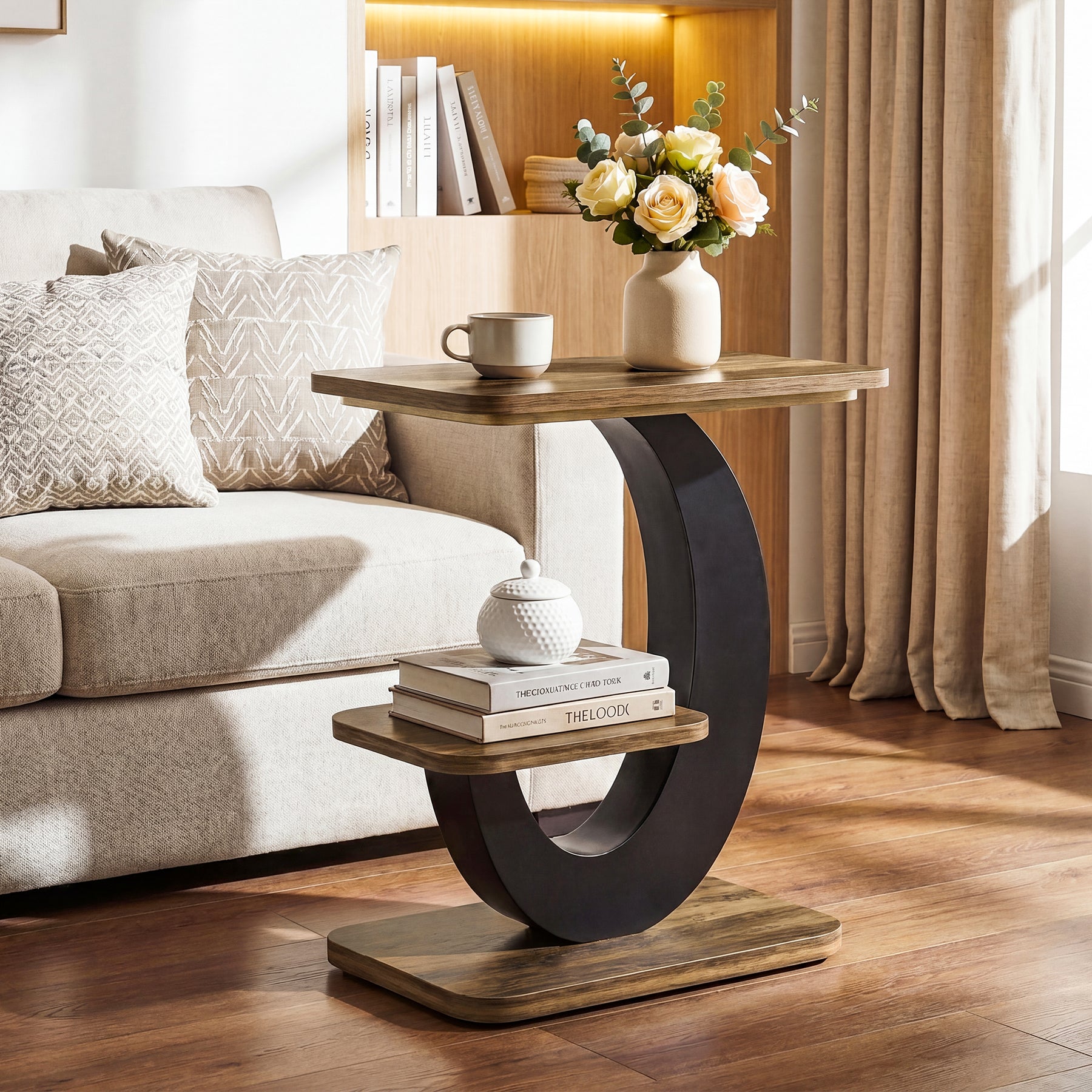 2-Tier End Table, Narrow Side Table with Metal Arc-Shaped Frame