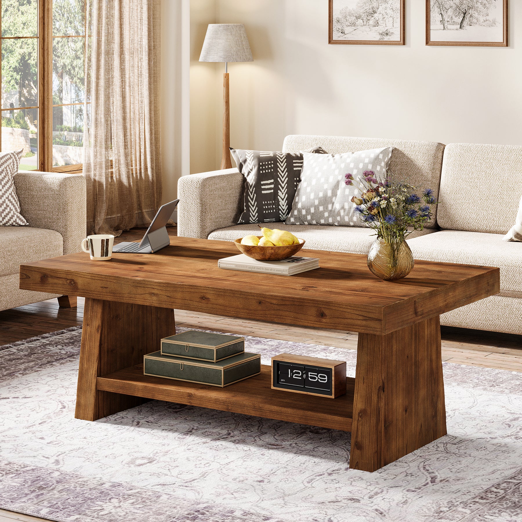 2-Tier Solid Wood Coffee Table, 47" Farmhouse Wood Center Table with Storage