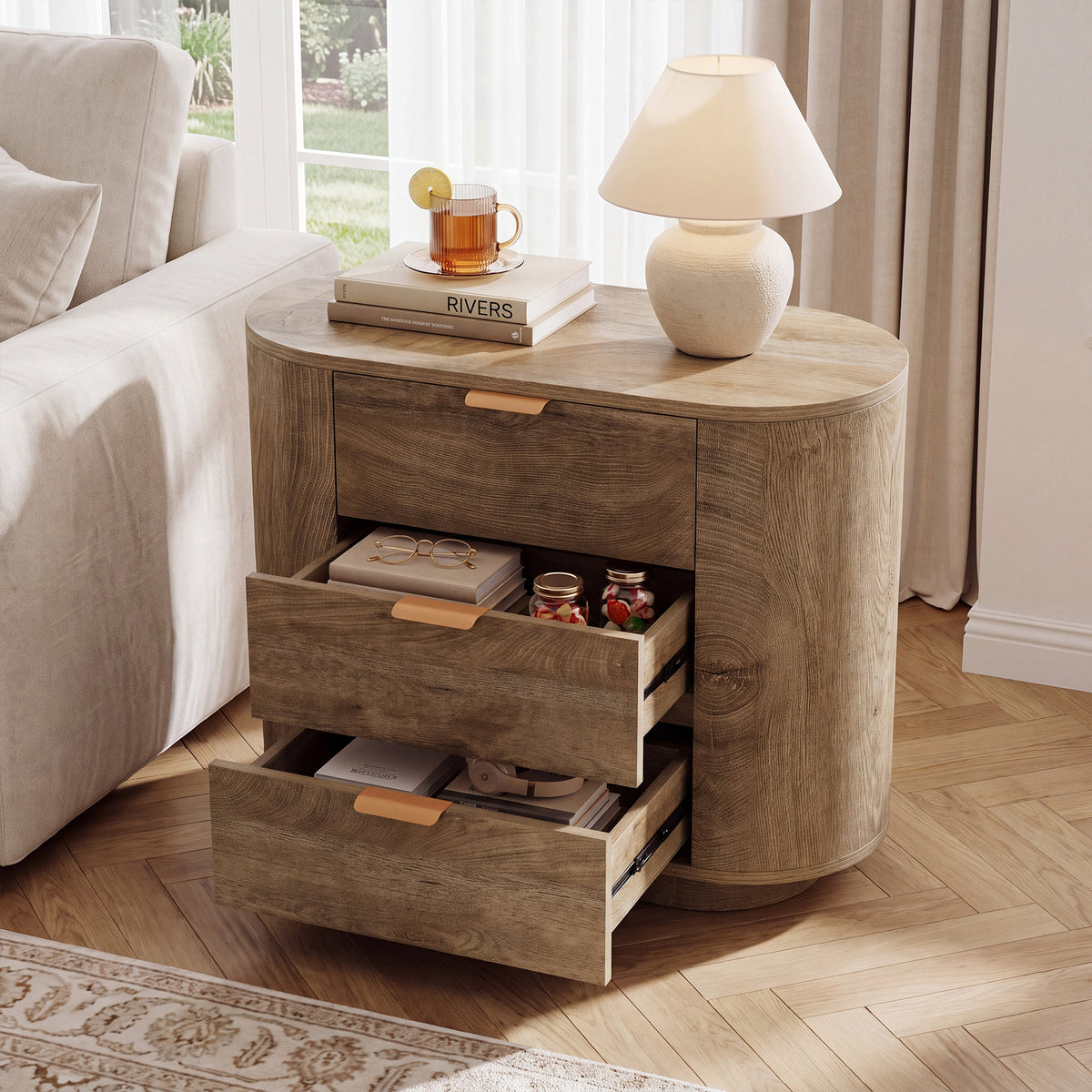35" Oversized Nightstand with 3 Drawers, Modern Oak Finish Bedside Table