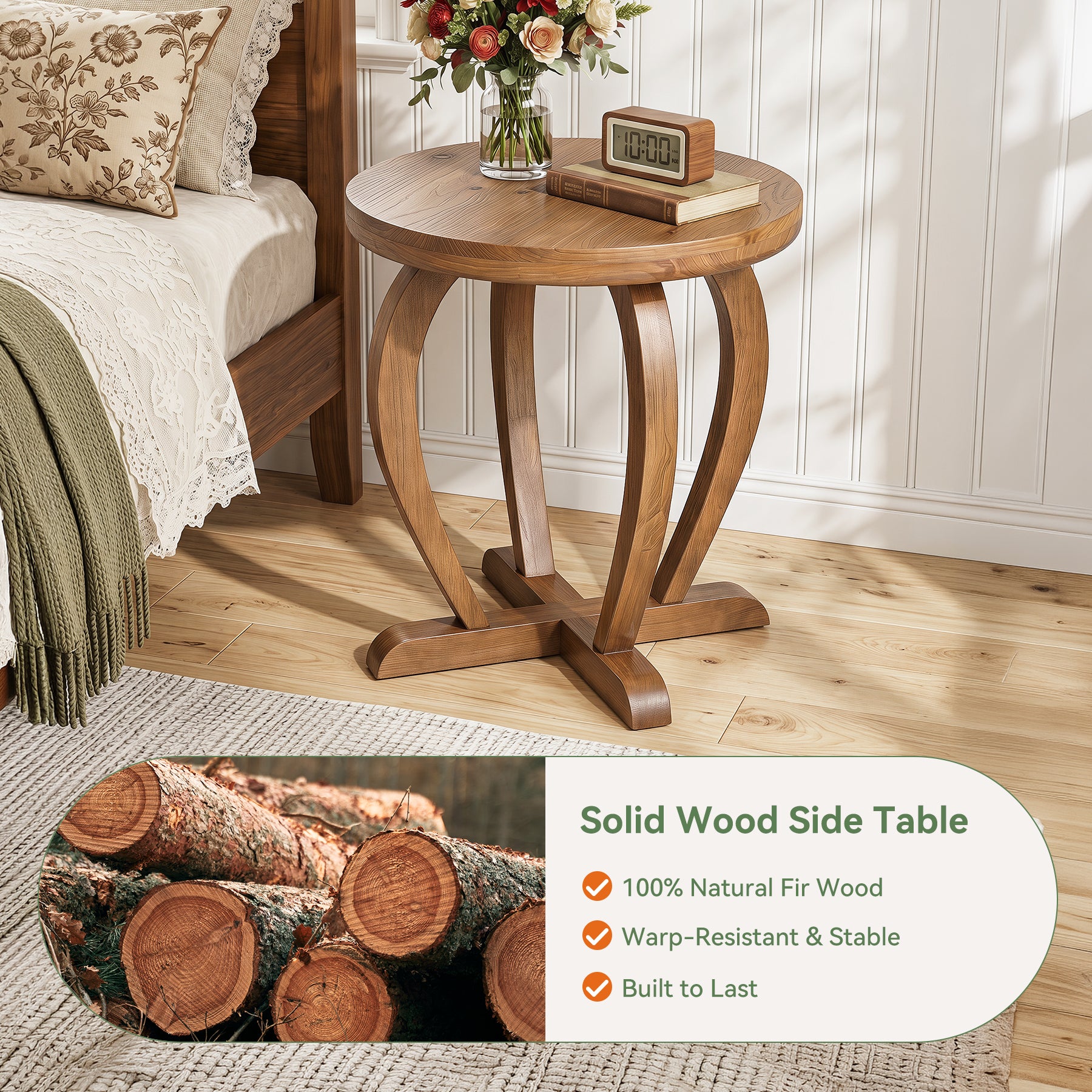 Solid Wood Round End Table, Accent Side Table with Curved Base for Living Room