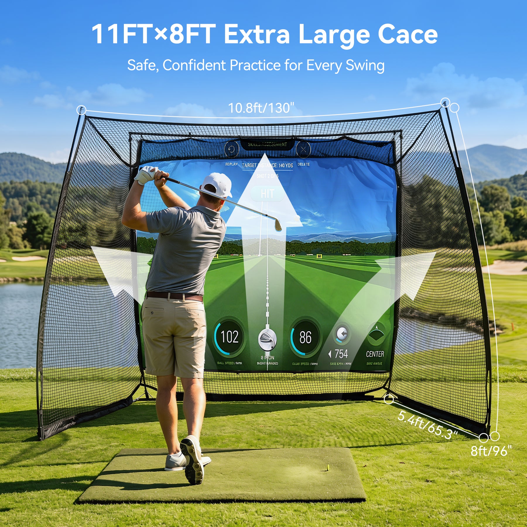 Golf Net, 11x8ft Golf Simulator Hitting Net with Sag-Free Impact Screen & Noise-Reducing Target Cloth