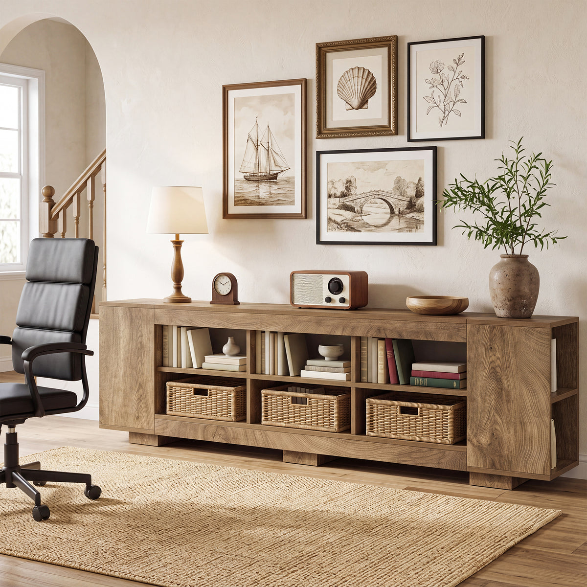 78.7" Long Low Bookcase, 3-Tier Horizontal Bookshelf with 10 Storage Cubbies for Home Office