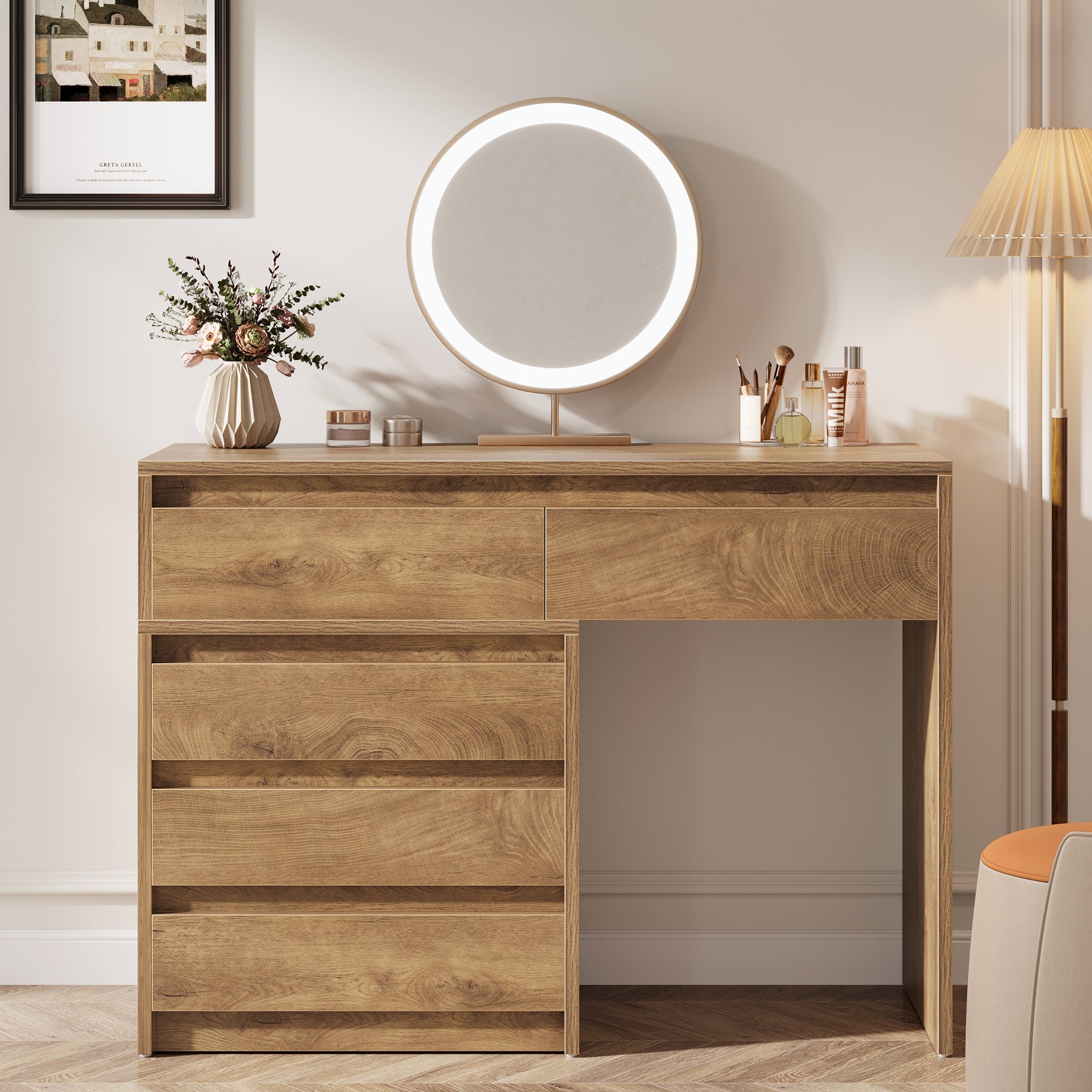 5-Drawer Makeup Vanity Desk, Modern Dressing Table with Cabinet