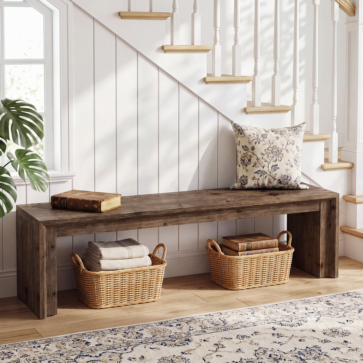 63" Solid Wood Entryway Shoe Bench, Farmhouse End of Bed Bench for 2-3 People