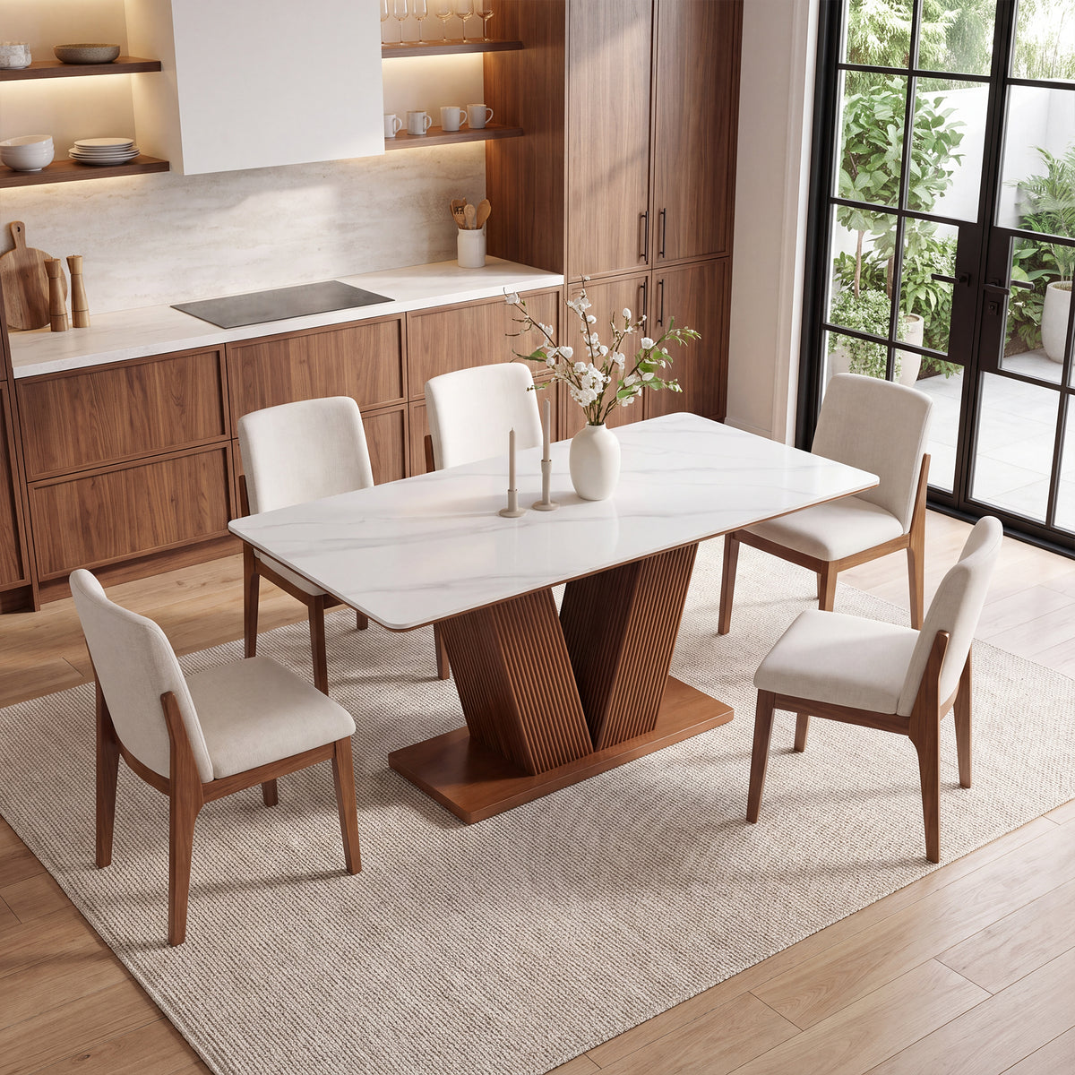 63" Sintered Stone Dining Table for 4-6, Fluted Pedestal Base, Rectangle