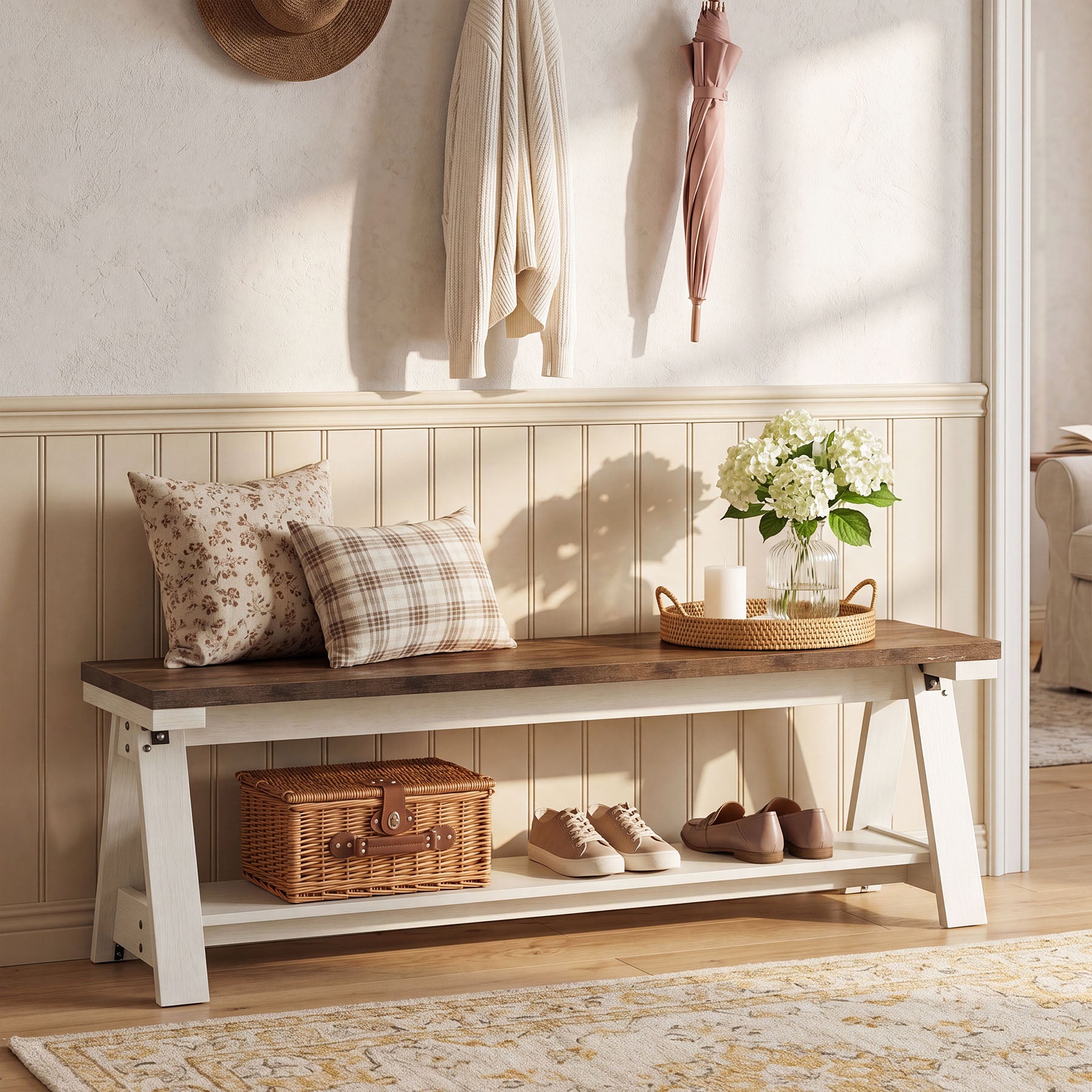59 Inch Wooden Entryway Bench with Open Shelves, Farmhouse 2-Tier Storage Bench for Hallway
