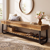 63" Entryway Bench with Storage Slatted Shelf, 2-Tier Shoe Bench with Metal Frame 3