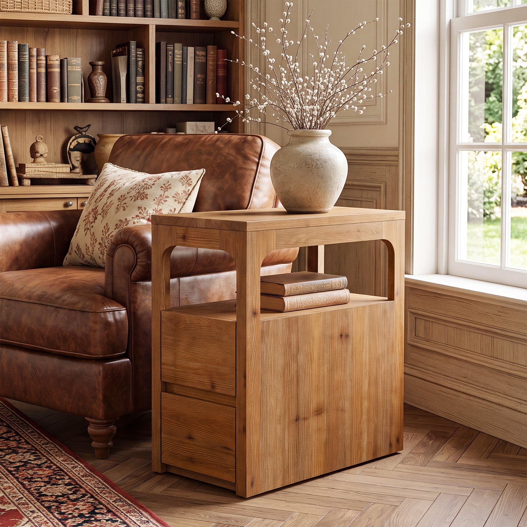 Narrow Solid Wood End Table, Farmhouse Side Table with 2 Drawers