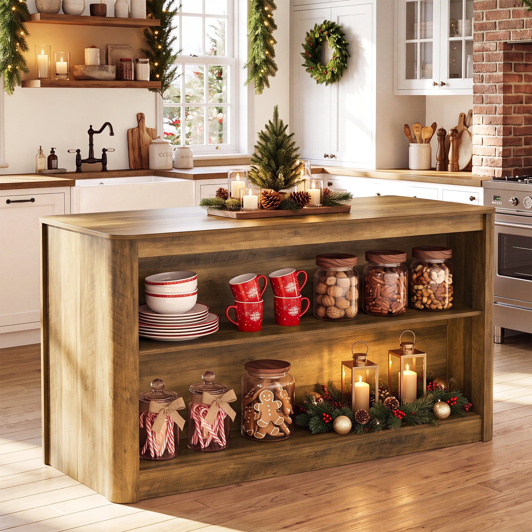 59.1" Kitchen Island, 3-Tier Stationary Island Table with Open Storage for Kitchen, Dining Room