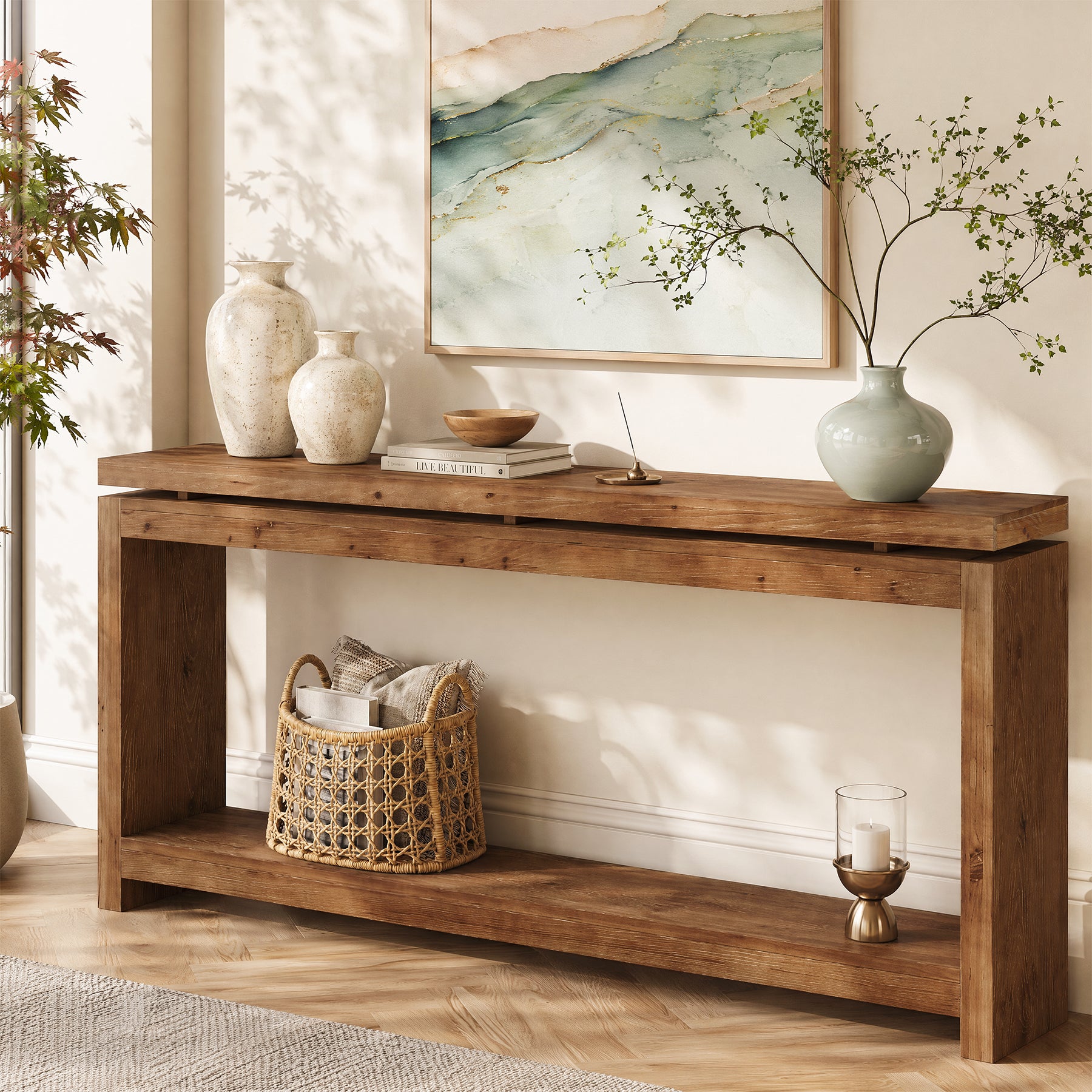 63" Solid Wood Console Table, 2-Tier Accent Sofa Table with Layered Double-Top Design