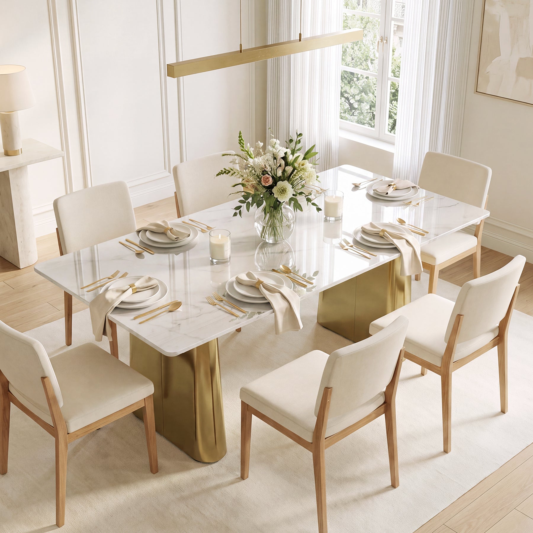 63" Sintered Stone Dining Table, Modern Luxury Kitchen Table with Gold Brushed Stainless Metal Base