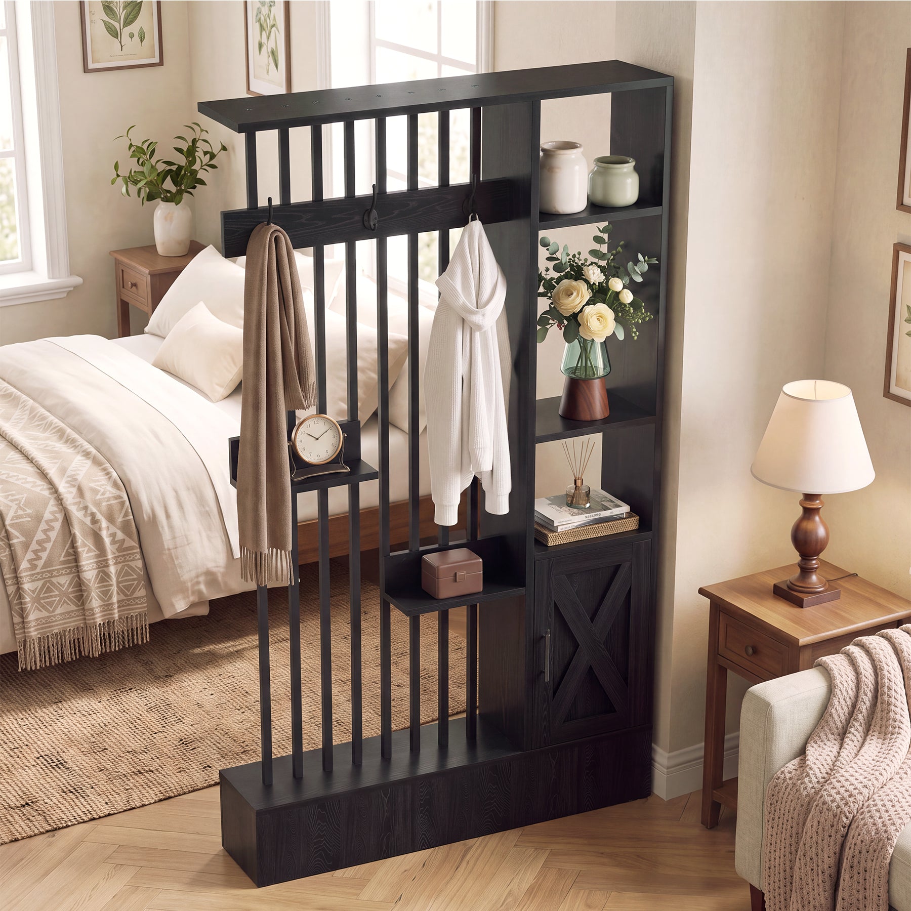 71" Wall Room Divider with Shelves, Freestanding Wall Partition with Storage Cabinet & Coat Hooks