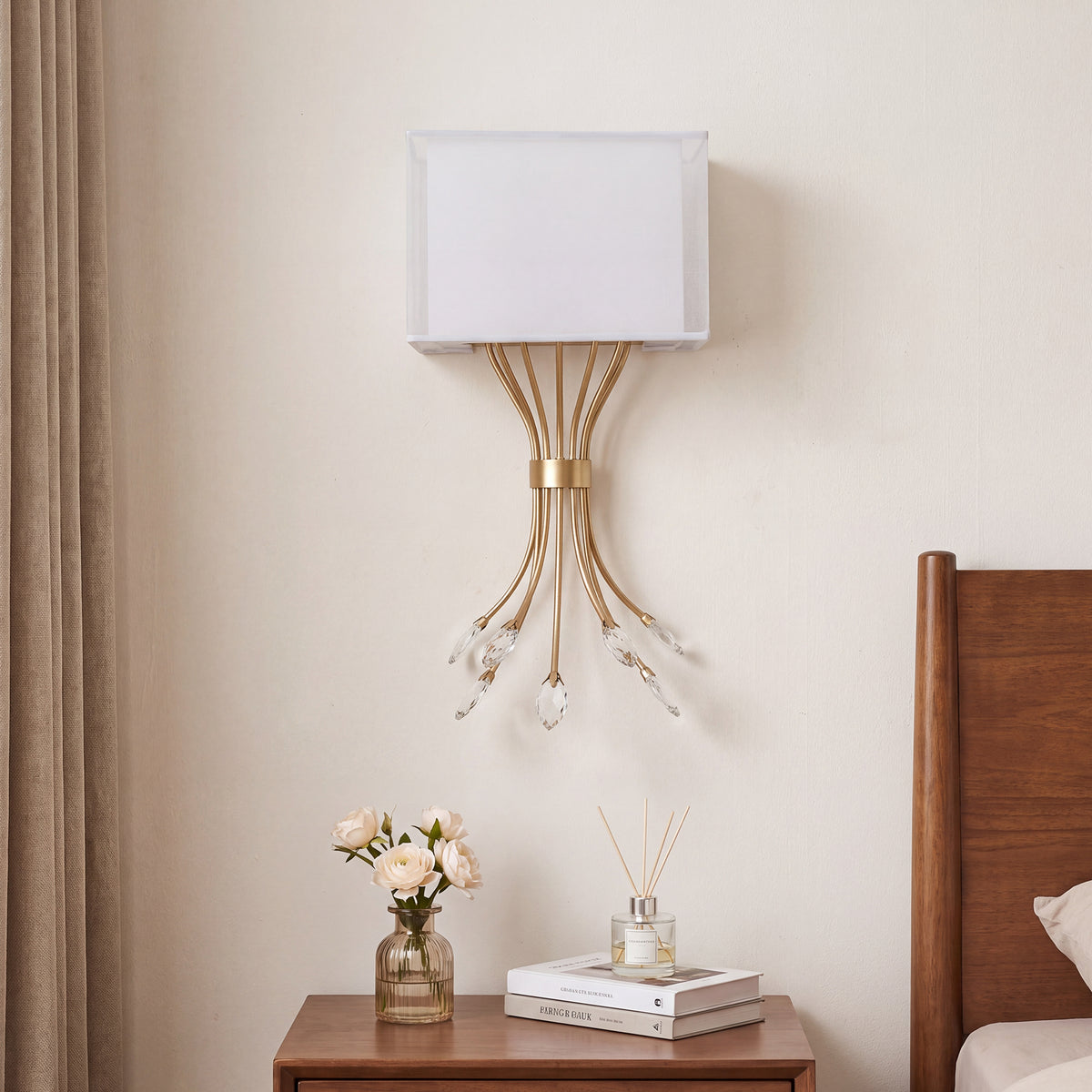 19.96" Gold Wall Sconce, Double Layer Fabric Wall Light with Crystal