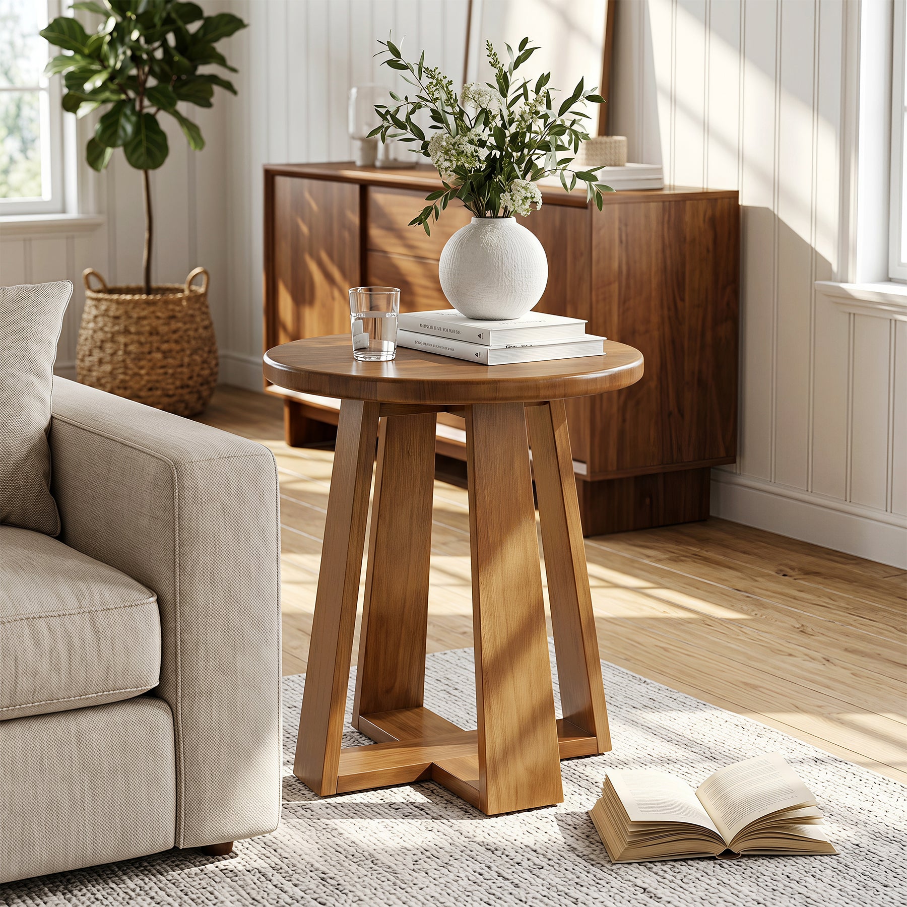 Modern Round End Table, Solid Wood Accent Side Table with Unique Geometric Legs