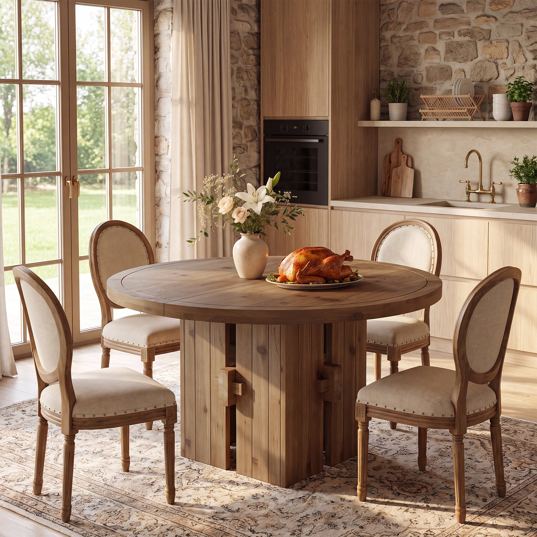 47" Solid Wood Dining Table, Farmhouse Round Kitchen Table for 4-6
