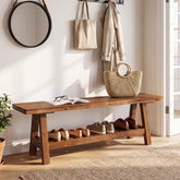 55" Entryway Bench, Solid Wood Shoe Bench End of Bed Seating with Storage Shelf 3