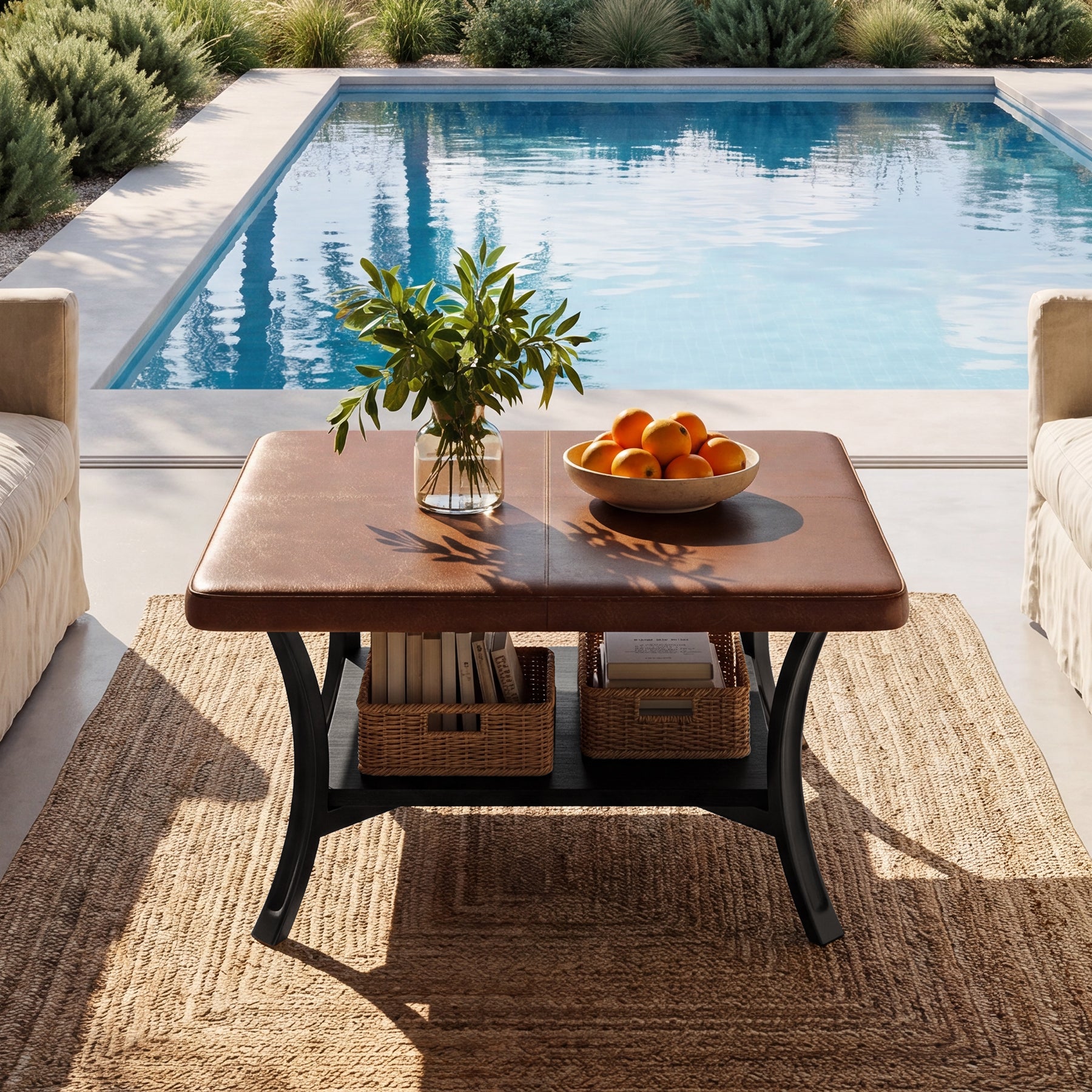 31.5" Square Coffee Table with Upholstered PU Leather Top, Modern Ottoman Coffee Table for Living Room