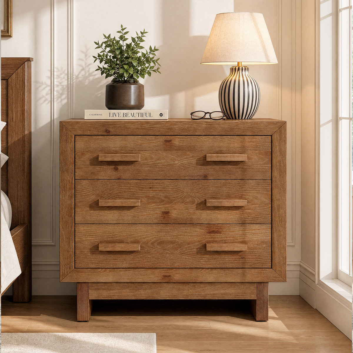 31.5” Solid Wood Nightstand, Oversized Bedside Table with 3 Large Drawers for Bedroom