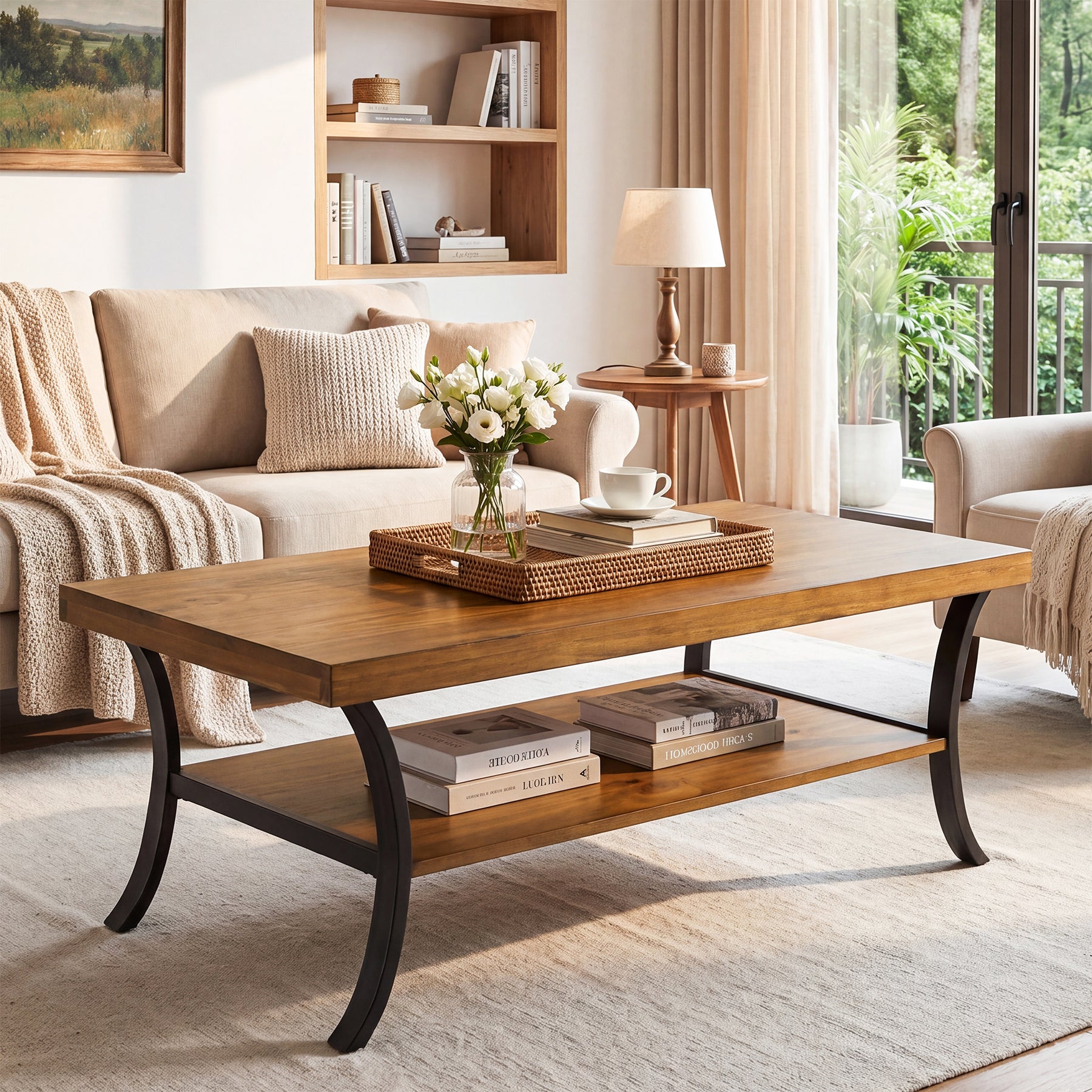 47.24" Solid Wood Coffee Table, 2-Tier Rectangular Center Table with Curved Metal Legs