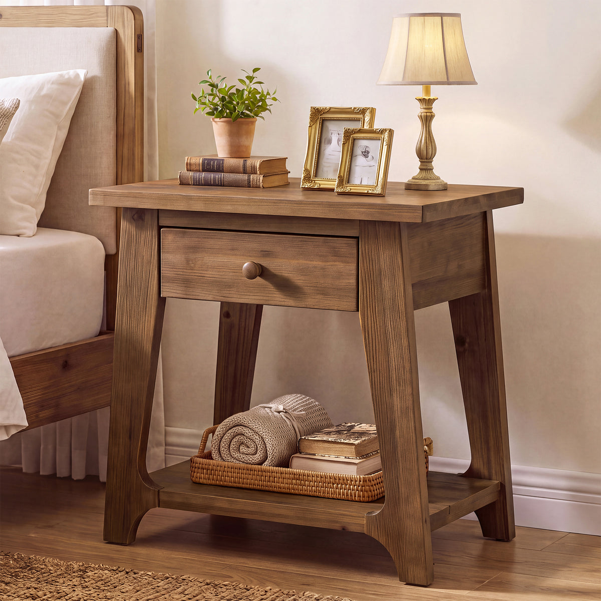 Solid Wood Nightstand, Farmhouse Bedside Table with Drawer & Open Shelf