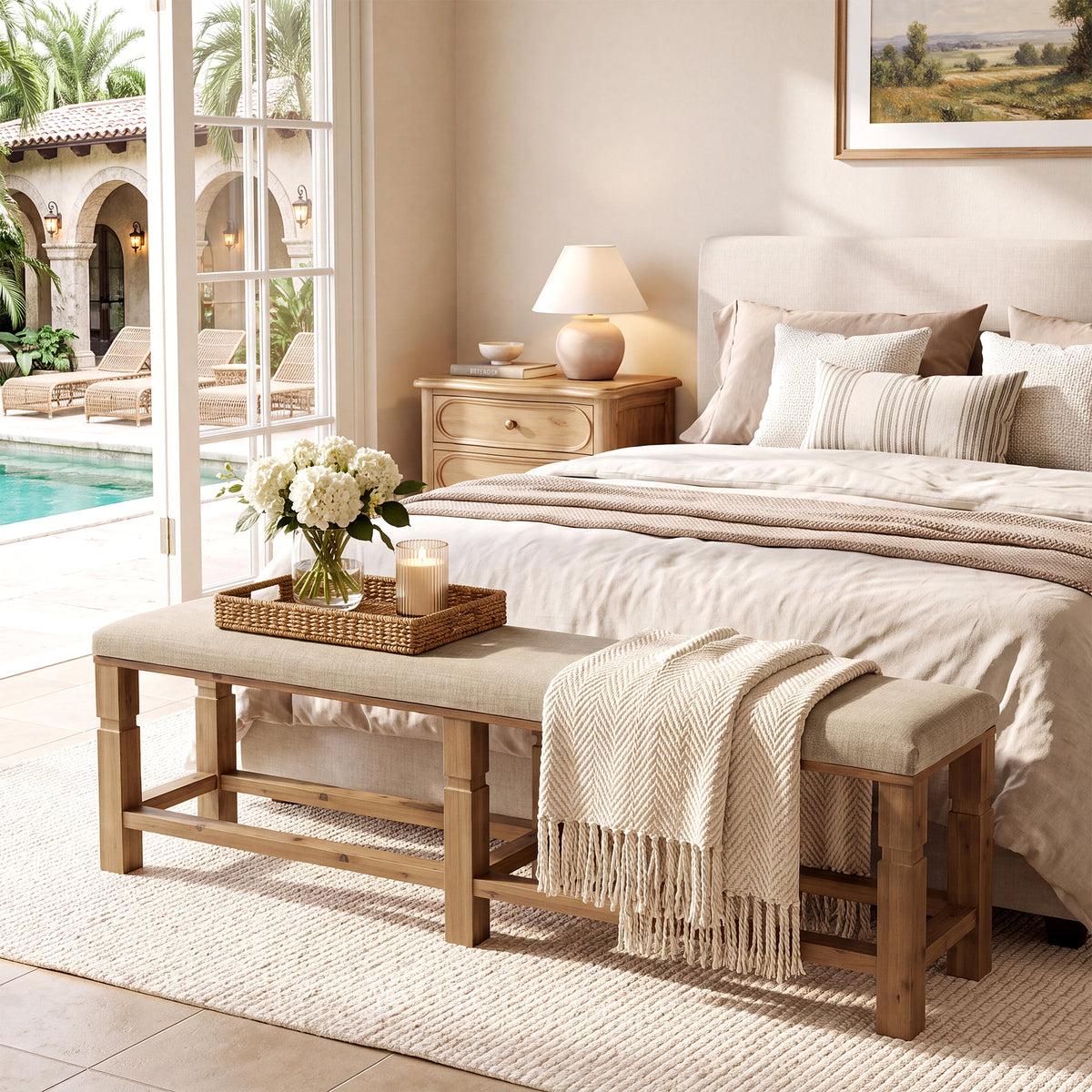 70.87" Upholstered Solid Wood Entryway Bench with Linen Fabric Padded Seat