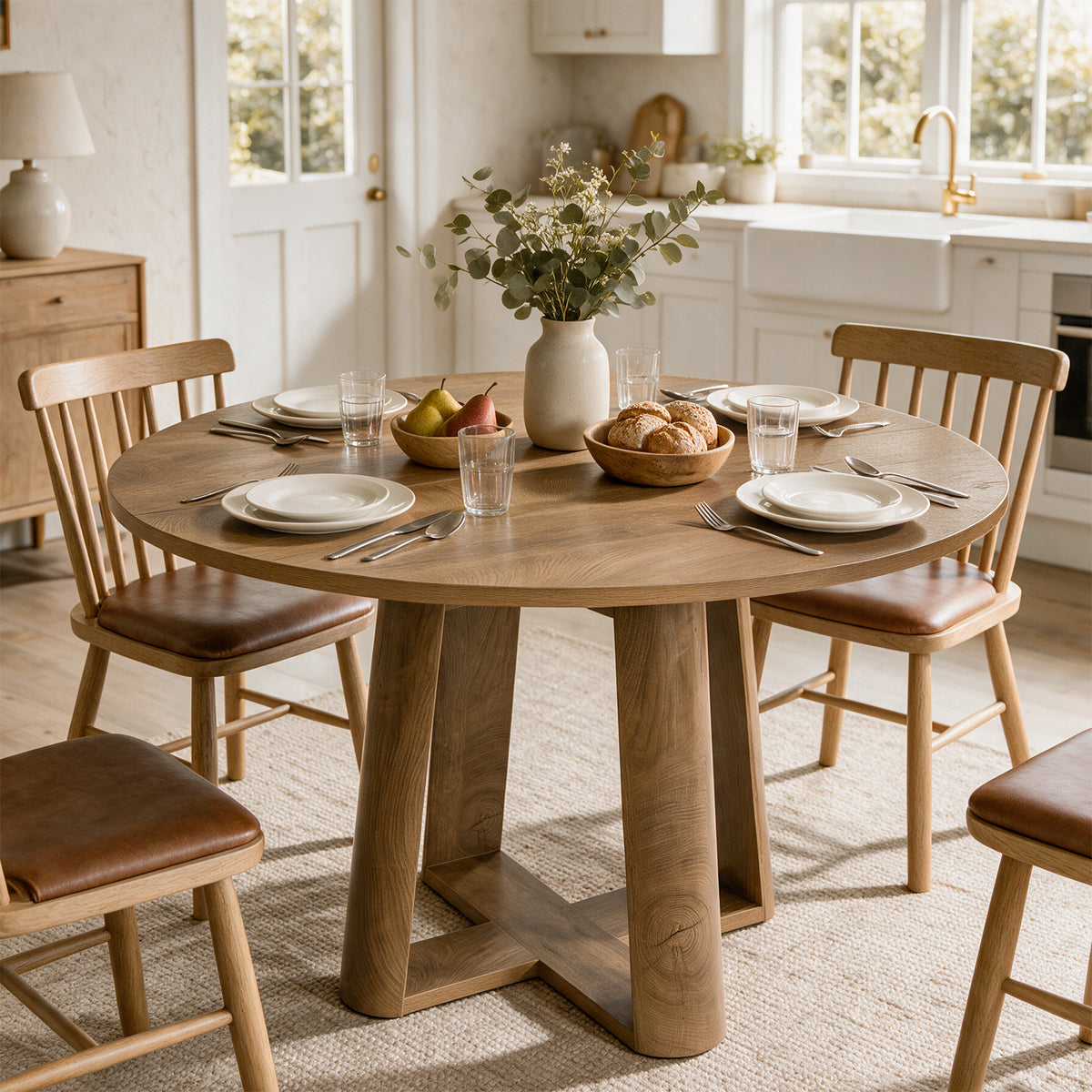 47" Round Dining Table for 4-6 People, Farmhouse Kitchen Table with Cross Pedestal Base