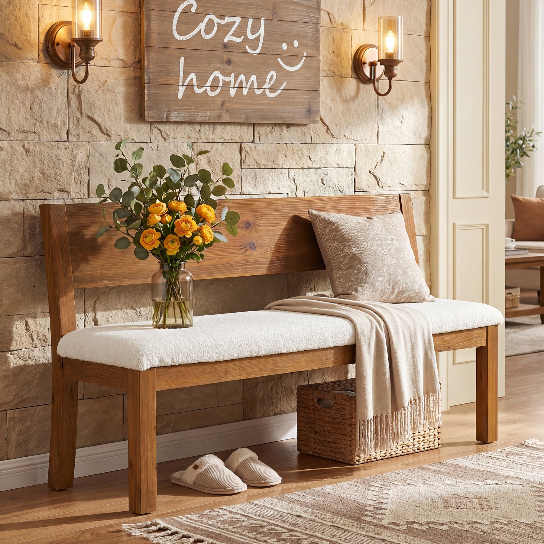 55" Entryway Bench, Upholstered Storage Bench with Backrest for Hallway