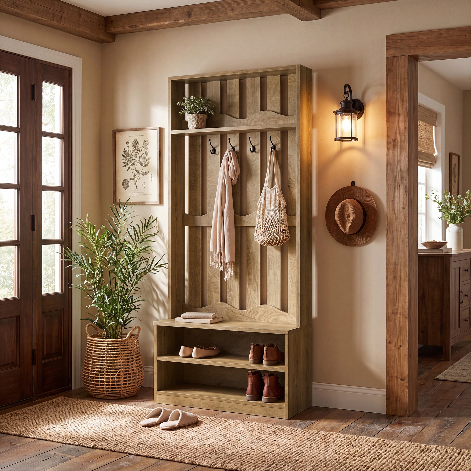 71.6" Tall Hall Tree, Farmhouse Entryway Storage with Bench & 4 Coat Hooks