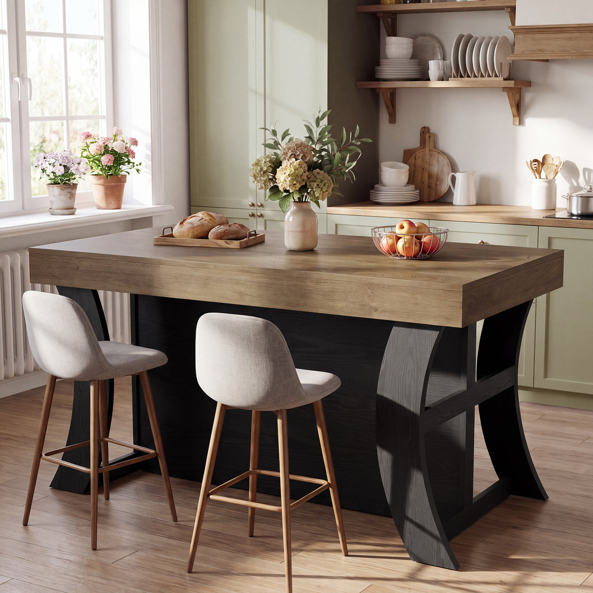 55" Farmhouse Kitchen Island with Storage & Seating Space, Stationary Island Table