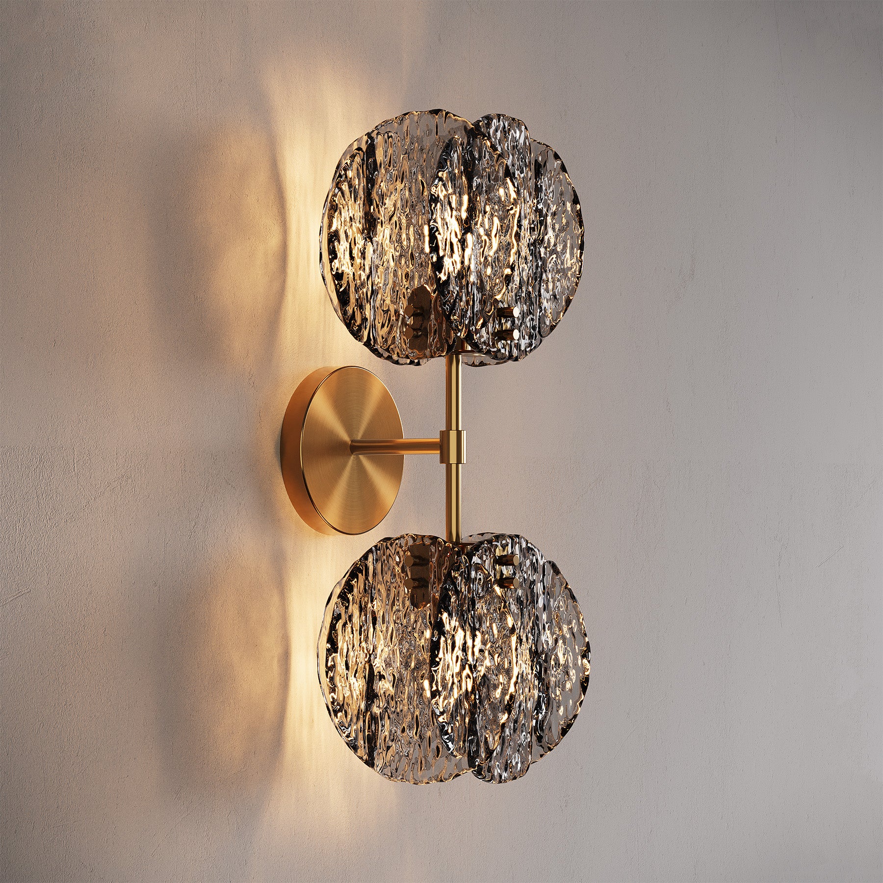 2-Light Crystal Wall Sconce,Vanity Wall Light with Textured Smoke Glass Shade