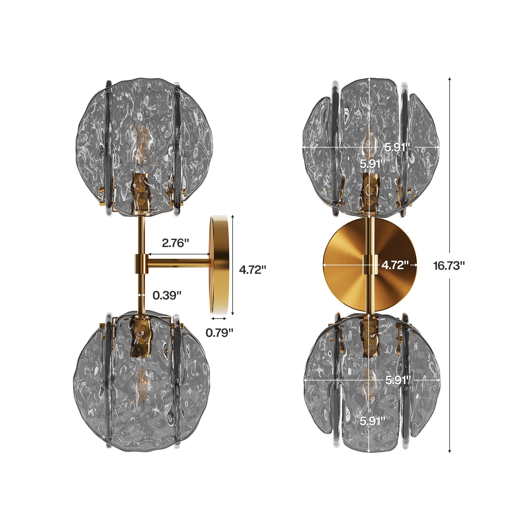 2-Light Crystal Wall Sconce,Vanity Wall Light with Textured Smoke Glass Shade