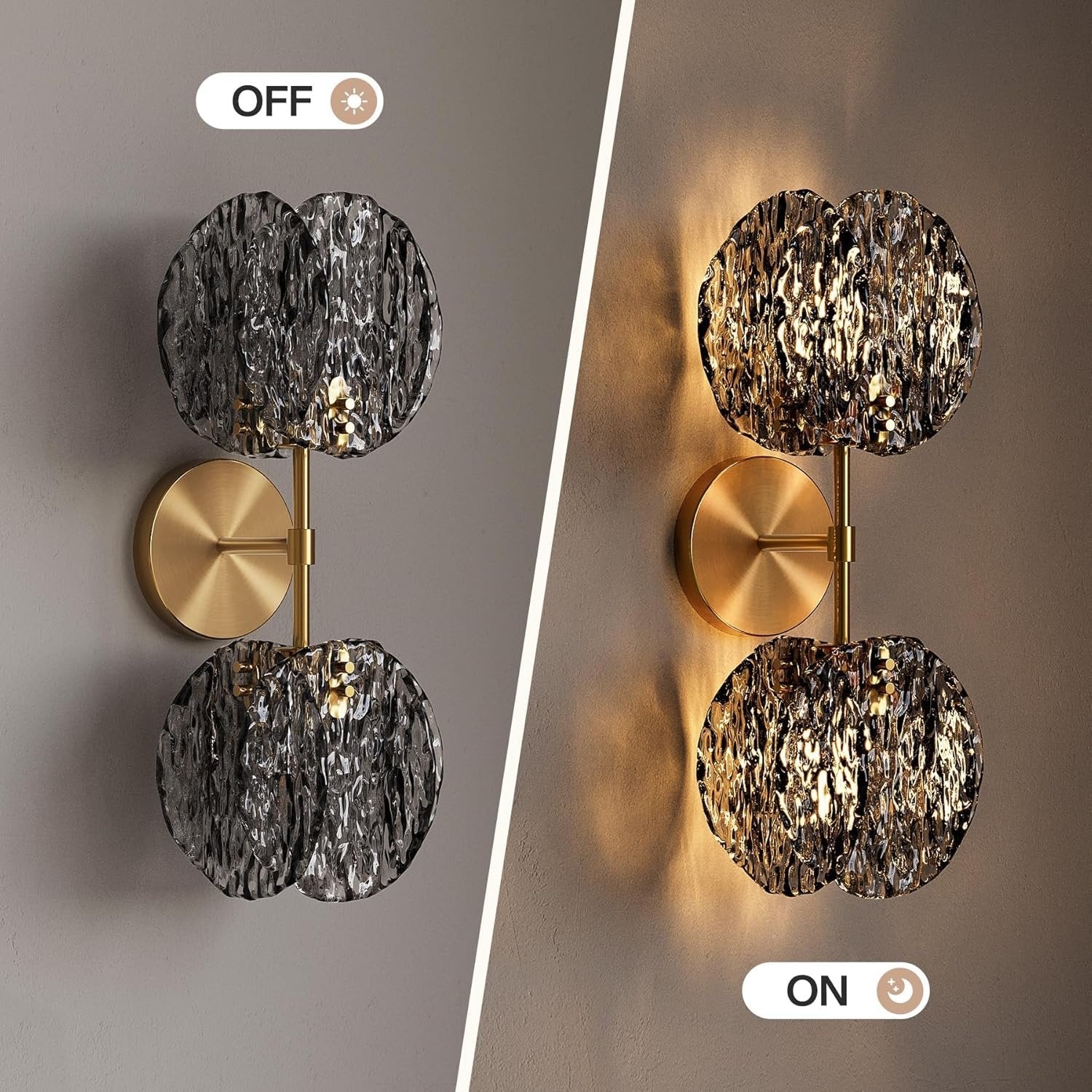 2-Light Crystal Wall Sconce,Vanity Wall Light with Textured Smoke Glass Shade